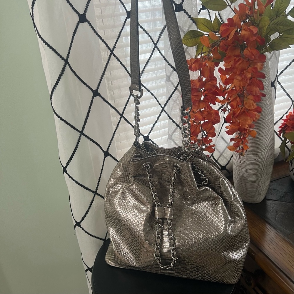 Michael Kors Metallic Silver Snake-Embossed Shoulder Bag - Picture 3 of 7